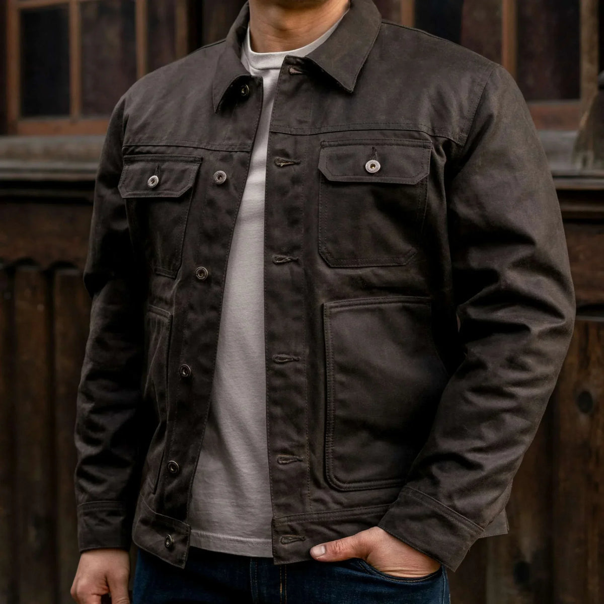 Waxed Trucker Jacket | Dark Olive